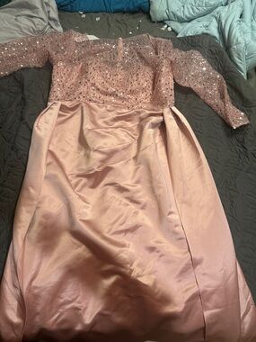 Blush Pink Long Sleeve Sequin & Satin Evening Dress